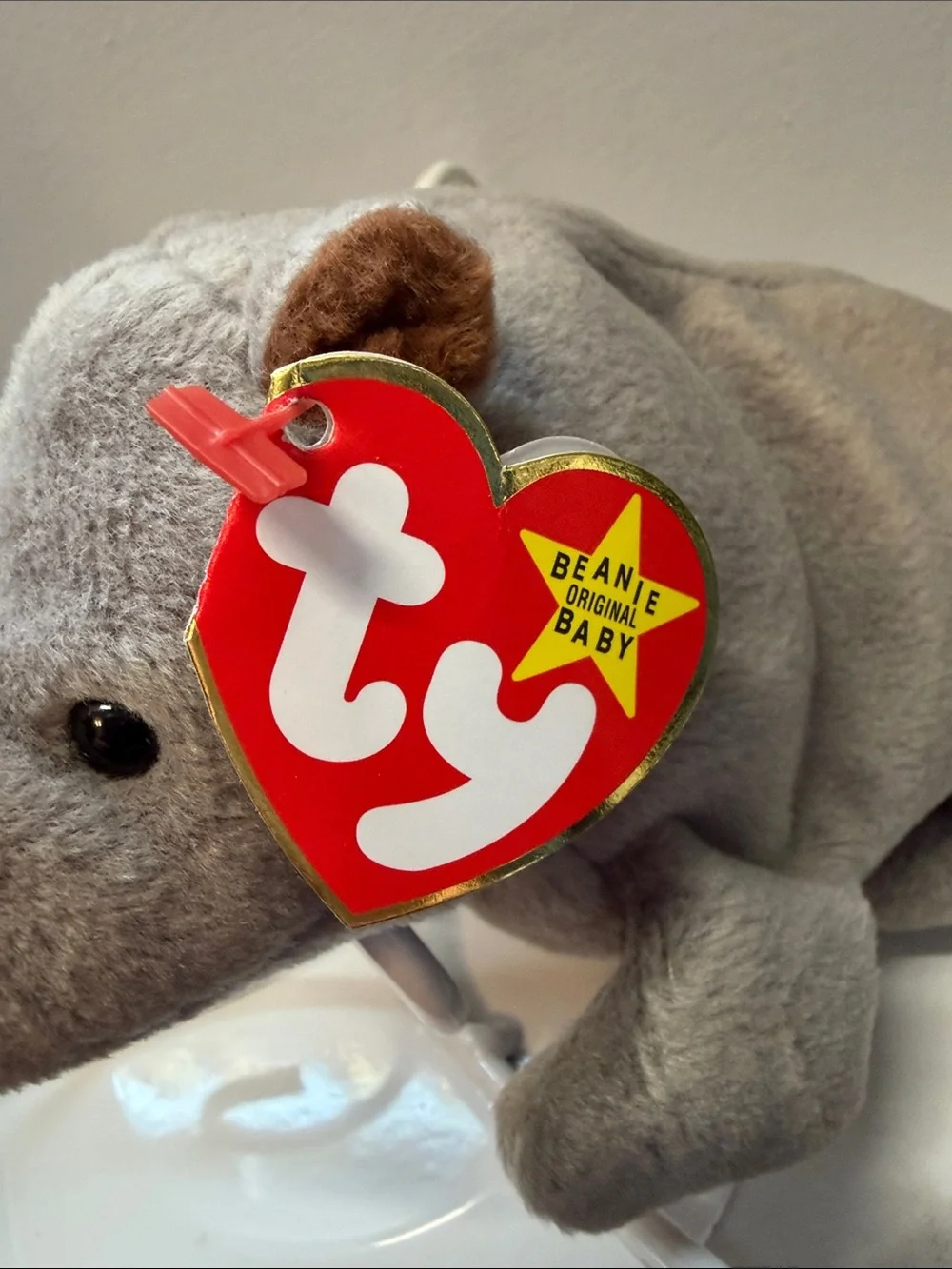 NWT Ty Spike the Rhino Gray Beanie Plush with Red Heart Tag